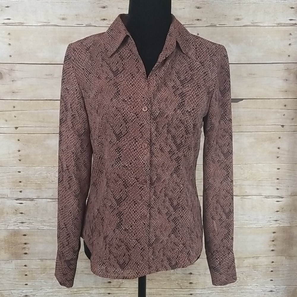 New York & Company Snakeskin Long Sleeve Button Top